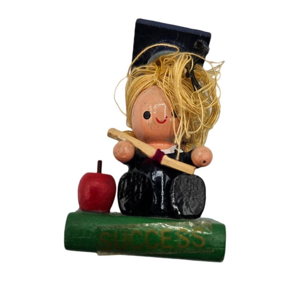 Vintage Miniature Wooden Wood Graduation Doll in Cap and Gown w/ Diploma